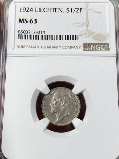 万国钱币拍卖第052期 - NGC MS63 1924年列支敦士登1/2法郎银币 罕见小国最小面值银币