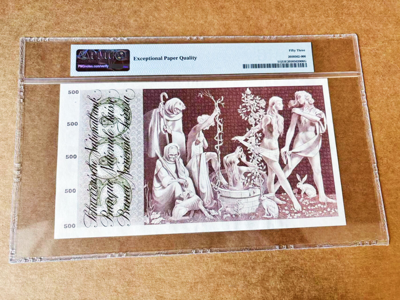 【Blue Auction】世界纸币精拍第717期——18级TOP拍卖/信誉/品质/专业/高效💫 【无47】瑞士 1972年500法郎 青春泉 超大票幅 PMG53EPQ 设计精美