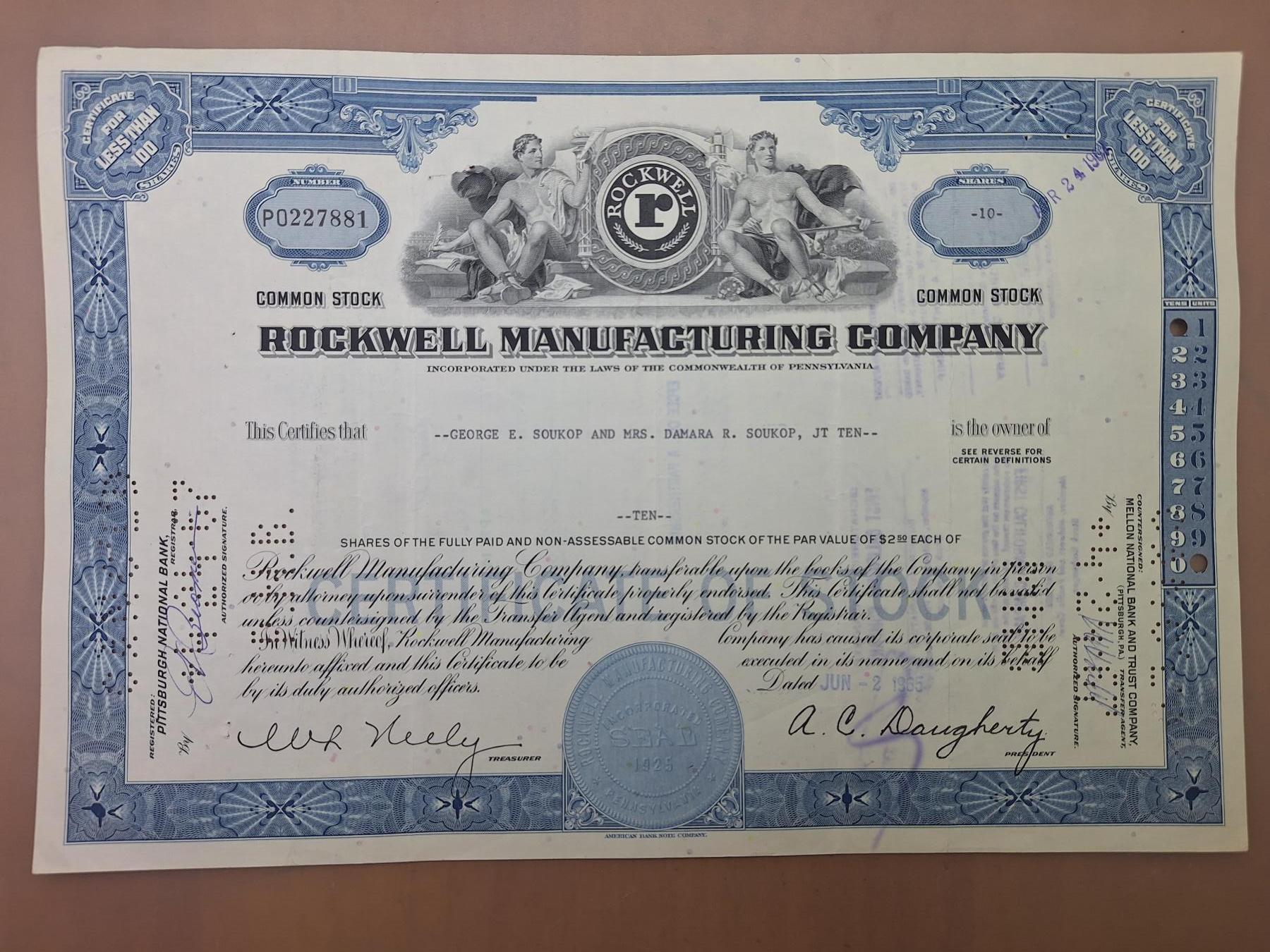 狮子猫股票债券纸品第二期 美国1965年罗克韦尔国际公司 号码227881