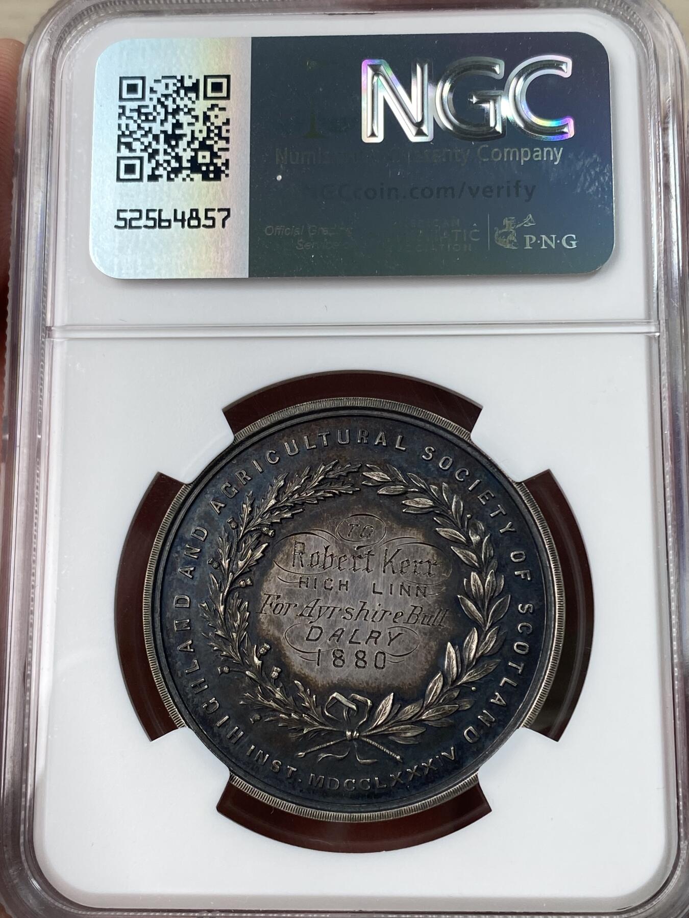 万国钱币拍卖第052期 NGC MS63 苏格兰1880年农业协会颁发的获奖银章， 35毫米。