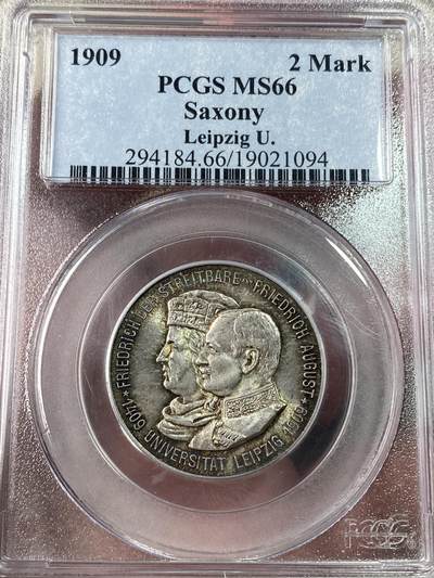 万国钱币拍卖第052期 - PCGS MS66 1909年德国萨克森莱比锡大学长翅2马克 邮票光泽欧洲五彩 PCGS老盒分数与状态皆是顶级