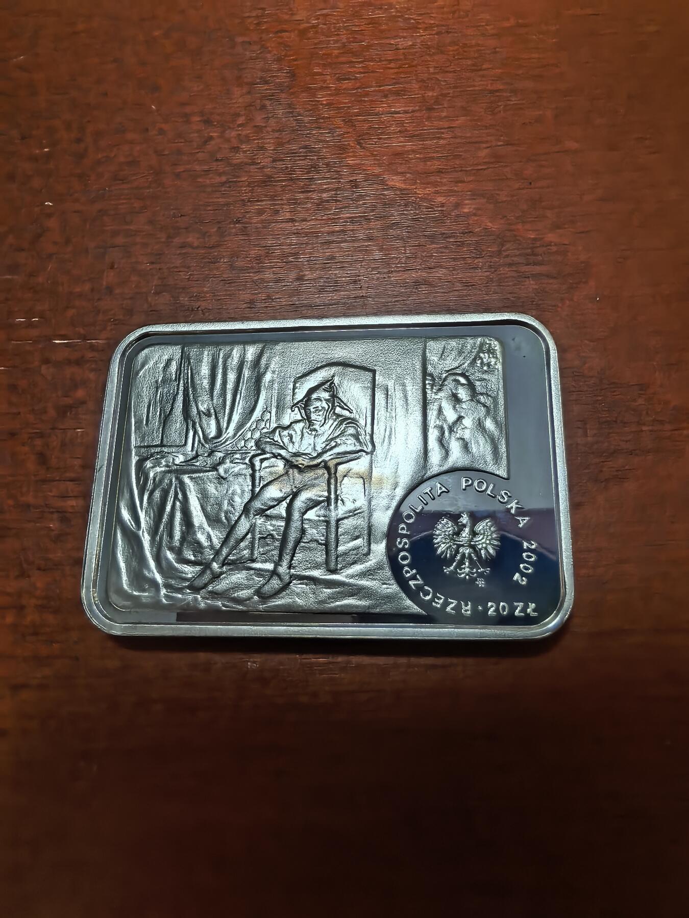 长老汇蛇年精选第四十一场拍卖 2002波兰画家扬·马特义科20兹罗提长方形部分彩色精制银币，克书135美金，原厂盒