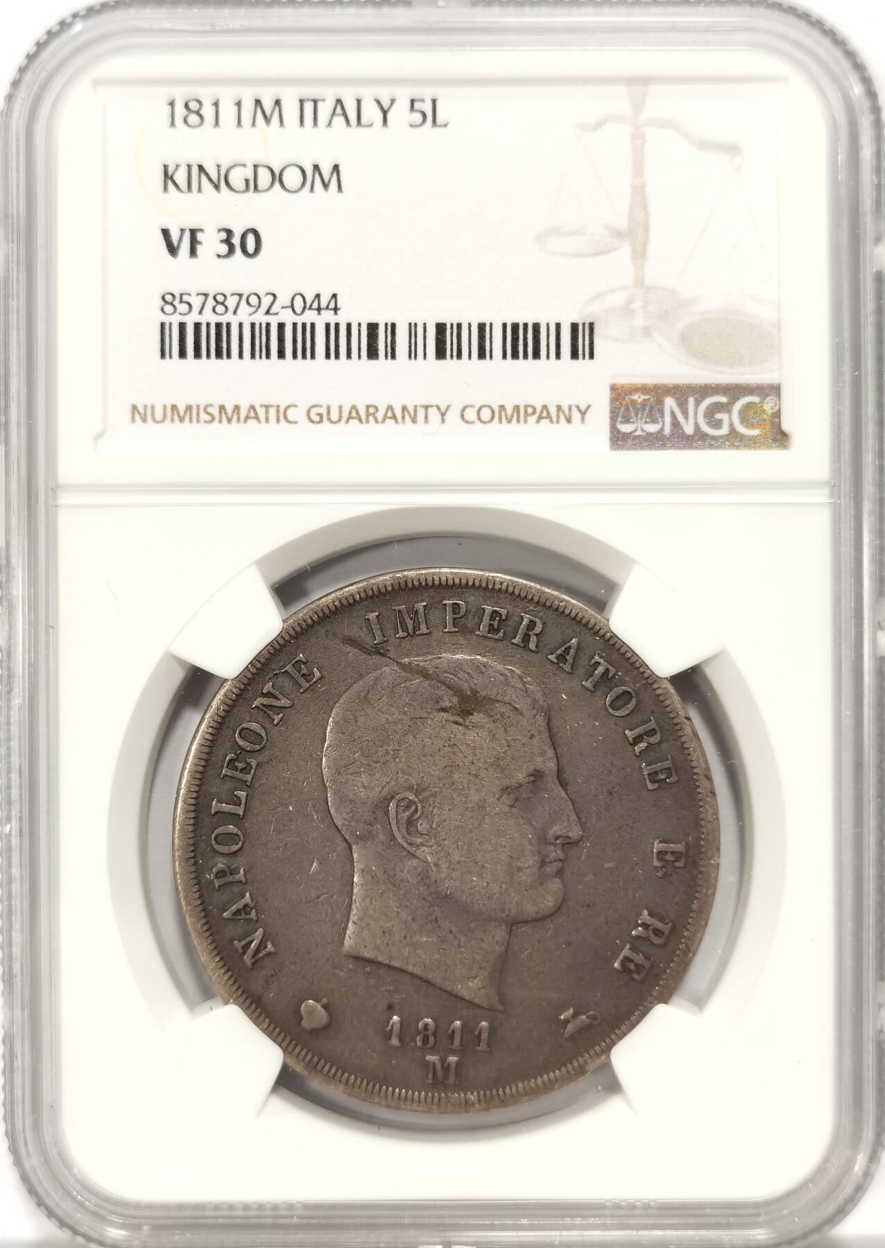 博洋堂世界钱币拍卖第136期（全场包邮） NGC VF30 拿一法占意大利1811年5里拉大银 原味灰彩