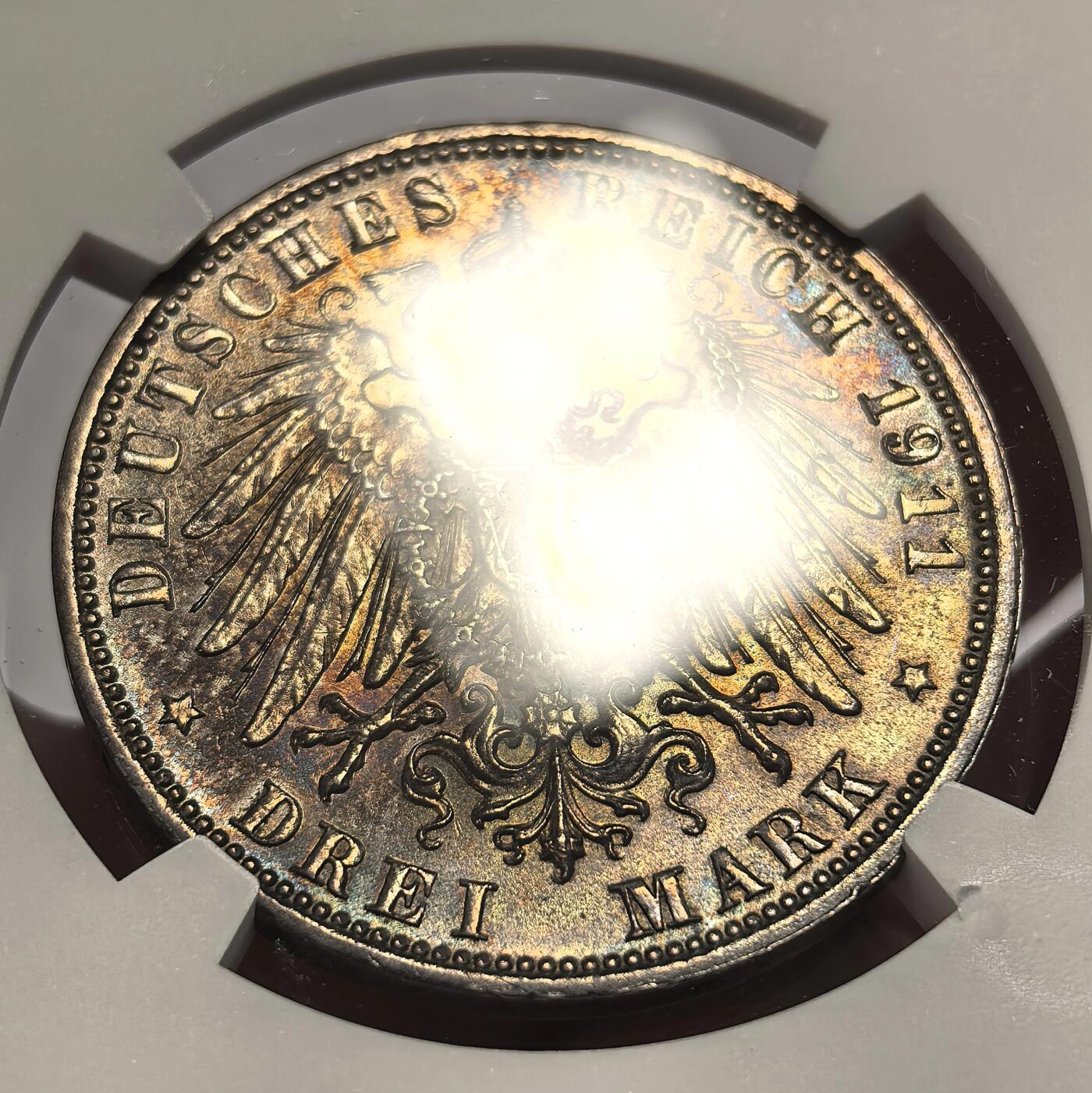 博洋堂世界钱币拍卖第136期（全场包邮） NGC MS62 德国巴伐利亚1911年柳特波德3马克银币 原盒五彩