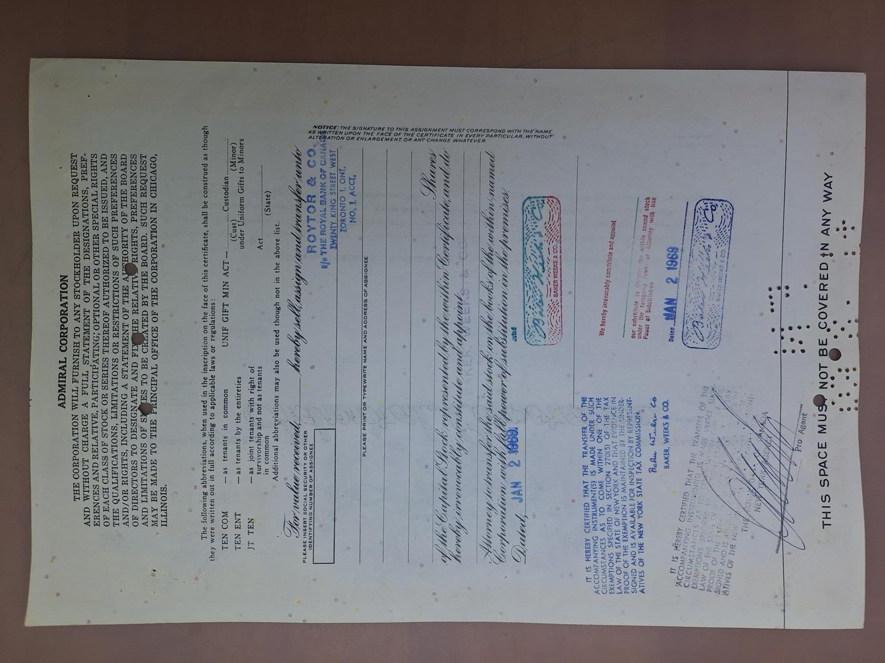 狮子猫股票债券纸品第二期 美国1968年阿赫米拉尔公司 号码143993