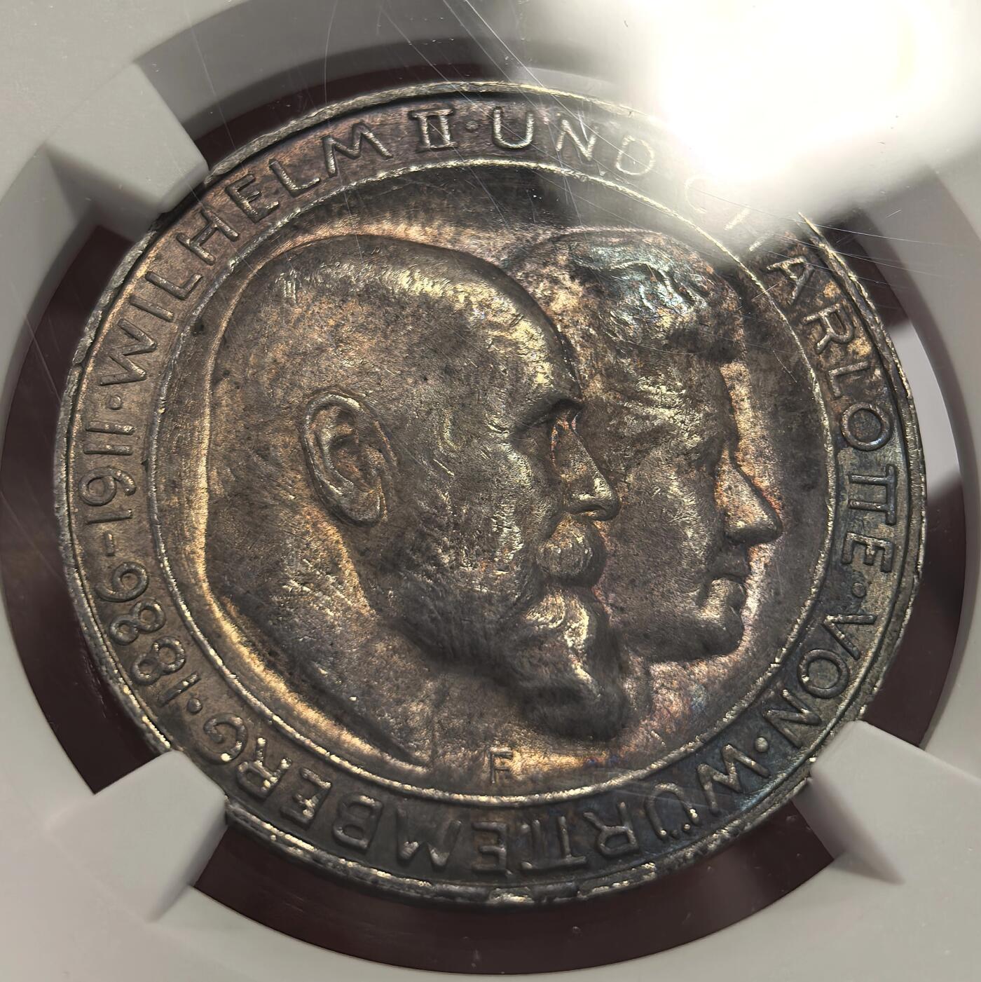 博洋堂世界钱币拍卖第136期（全场包邮） NGC MS63 德国符腾堡1911年银婚纪念3马克银币 五彩带光