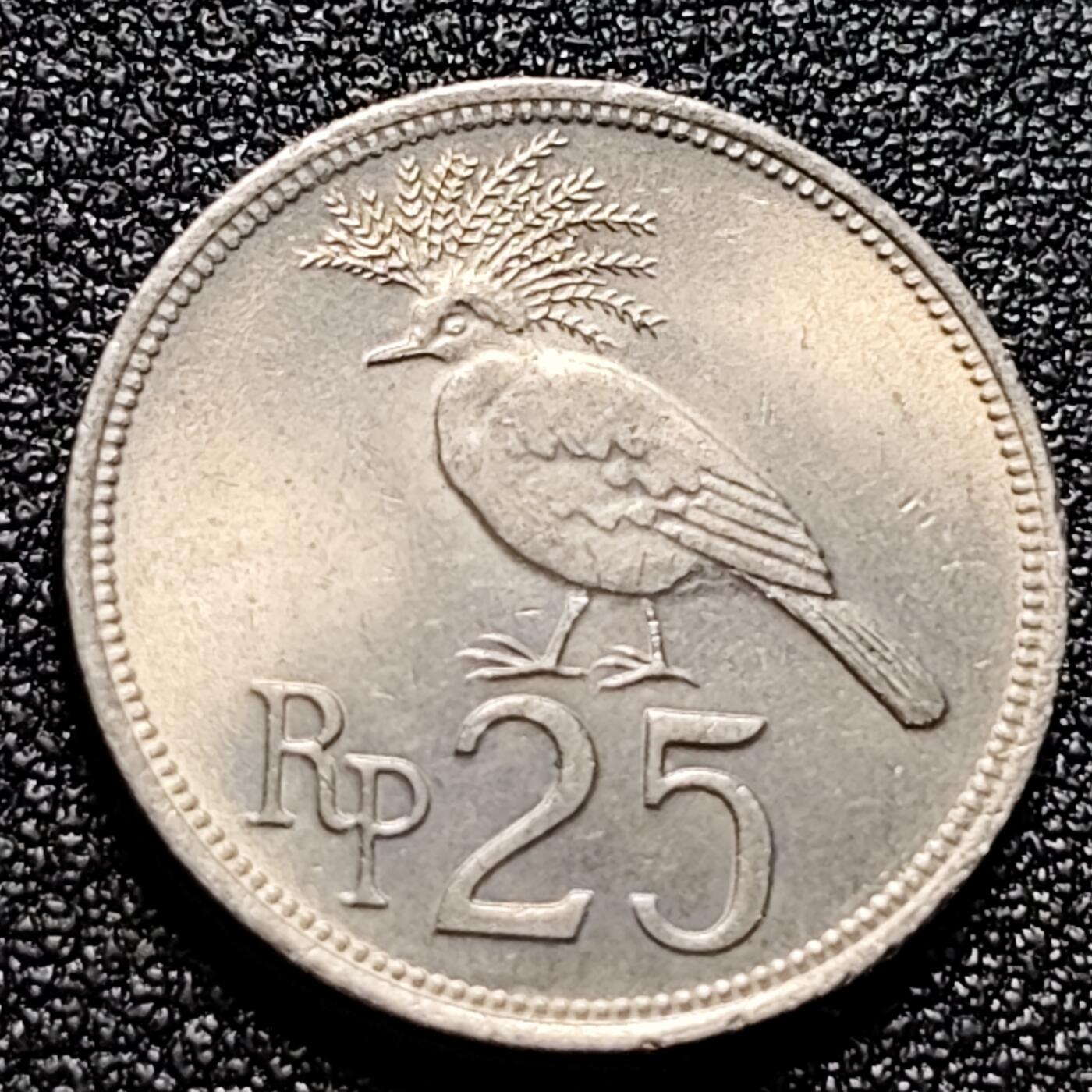 泉币菌-第102场-散币乐园场 原光UNC 印度尼西亚25卢比 1971年维多利亚冠鸠 铜镍币 直径20mm 