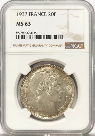 博洋堂世界钱币拍卖第136期（全场包邮） - NGC MS63 法国1937年20法郎银币