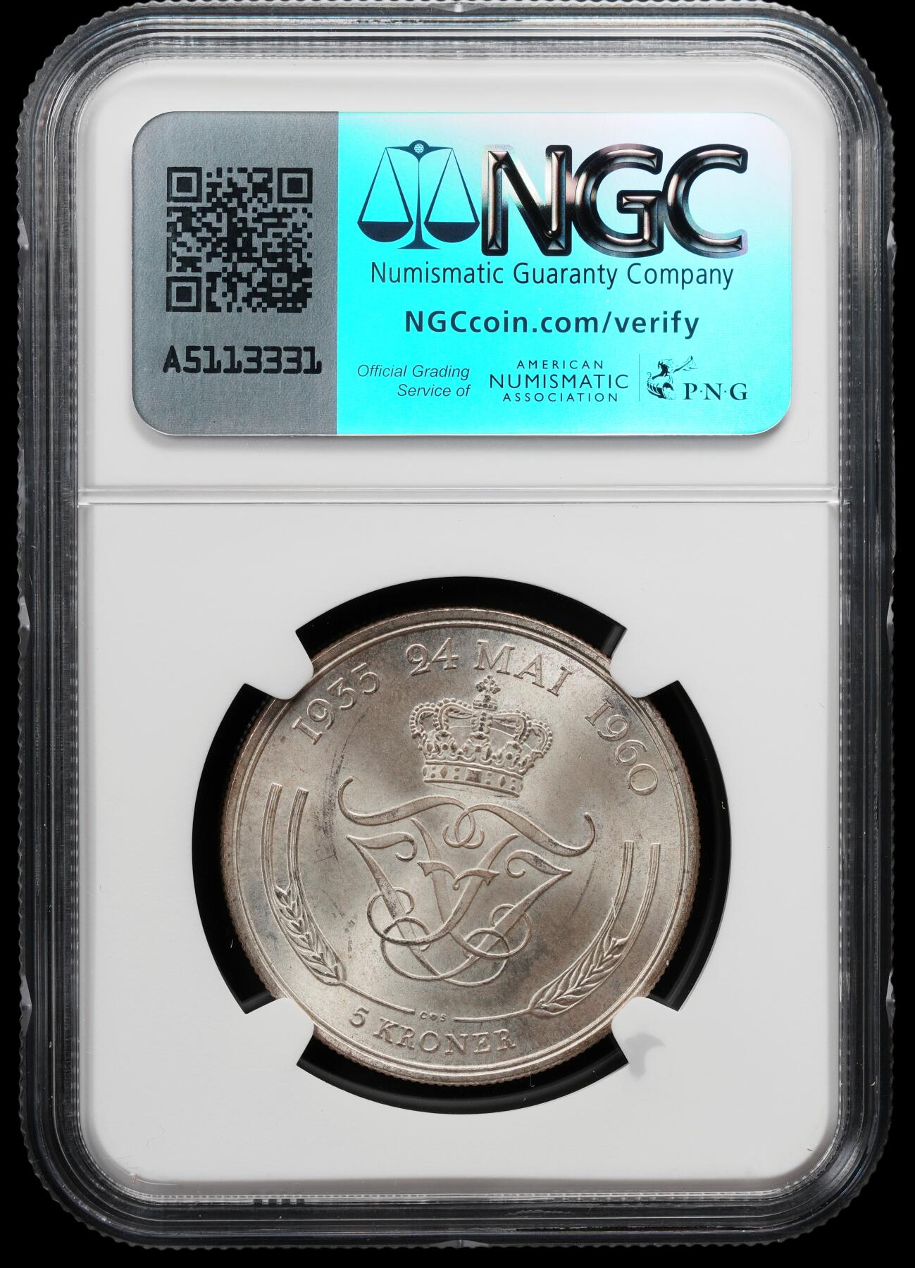 修遠堂世界钱币第八十二期 NGC MS65 1960年丹麦国王银婚纪念5克朗银币
