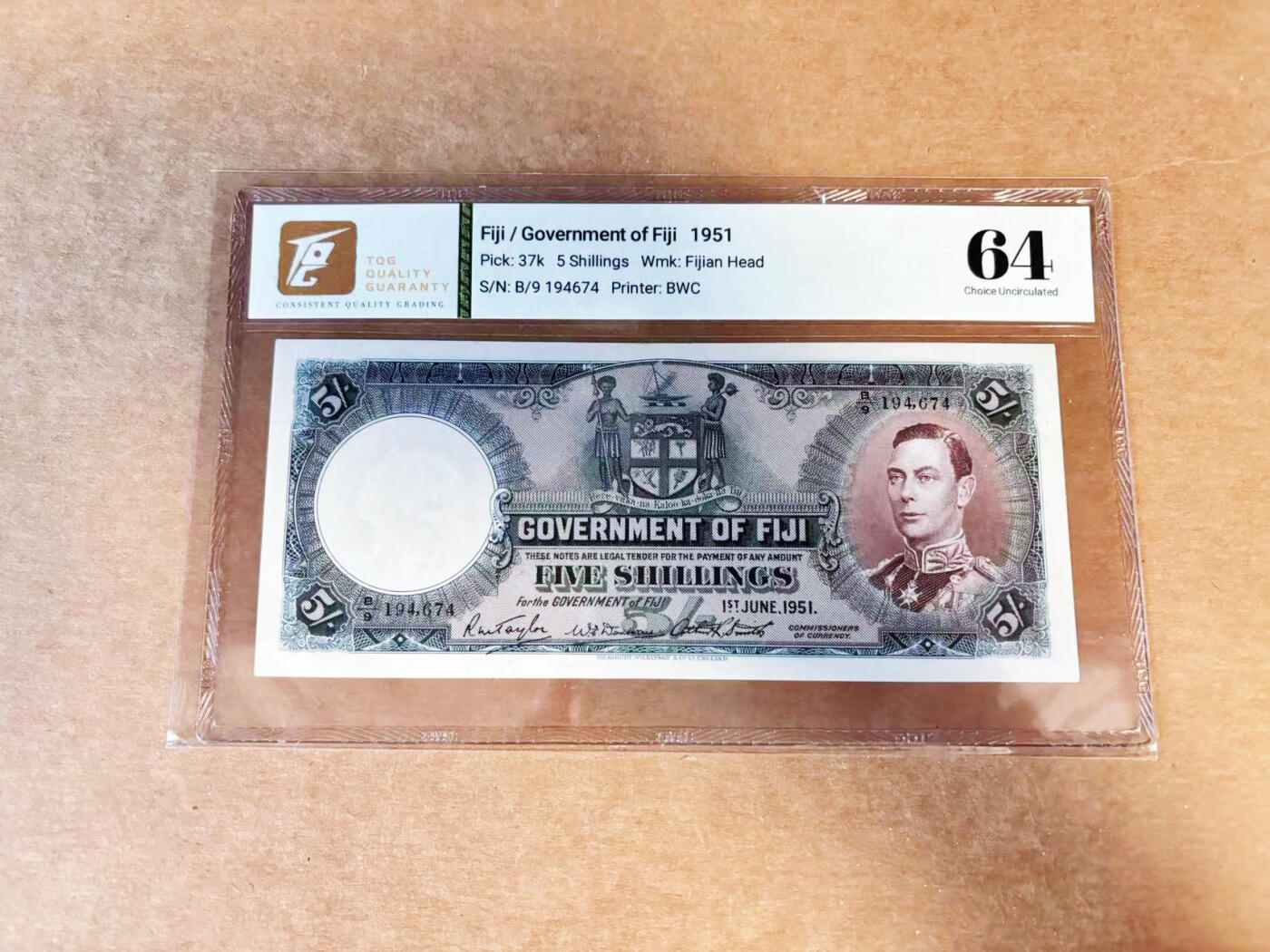 【Blue Auction】世界纸币精拍第717期——18级TOP拍卖/信誉/品质/专业/高效💫 斐济 1951年5先令 英王乔六 TQG64