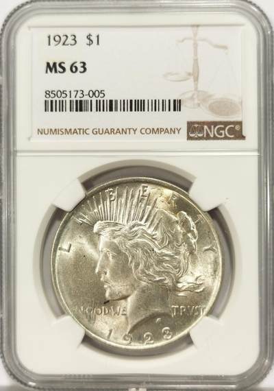 博洋堂世界钱币拍卖第136期（全场包邮） - NGC MS63 美国1923年和平银币，卷拆原光好品，光度极佳。