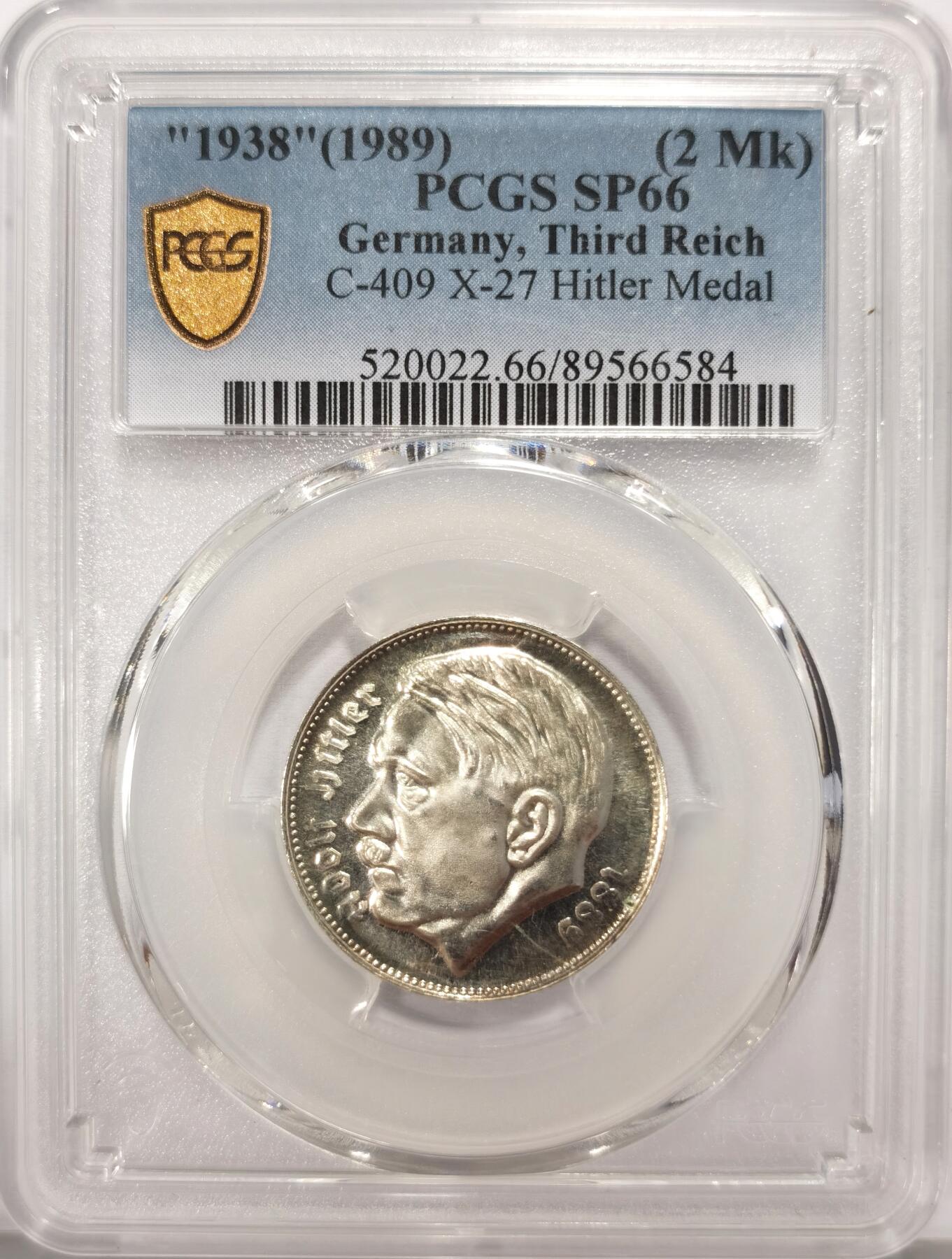 博洋堂世界钱币拍卖第136期（全场包邮） PCGS SP66 德国第三帝国1938年元首像造镀银2马克币型章，非常规币目录编号:X#27