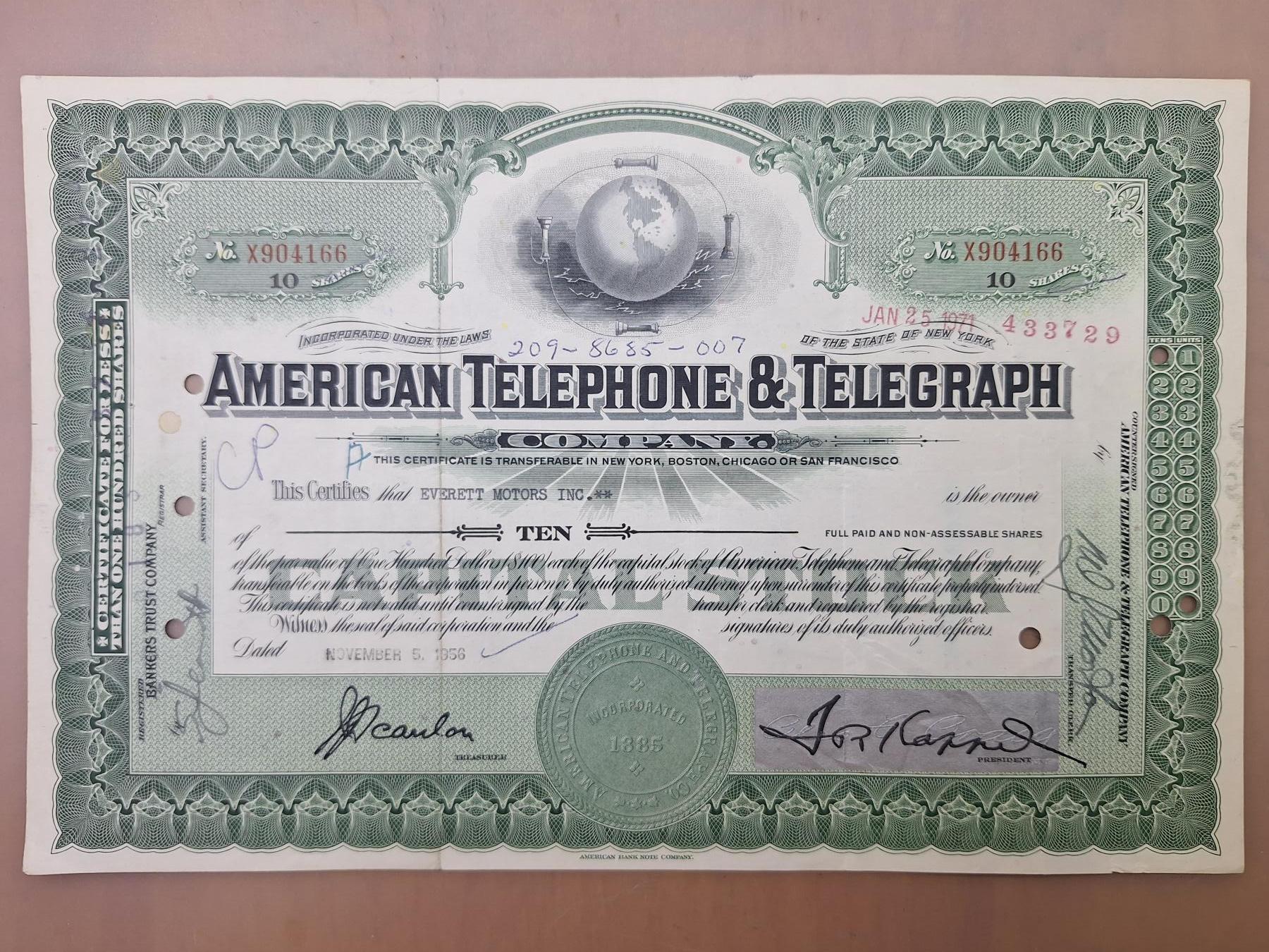 狮子猫股票债券纸品第二期 美国1956年美国电话与电报公司 号码904166