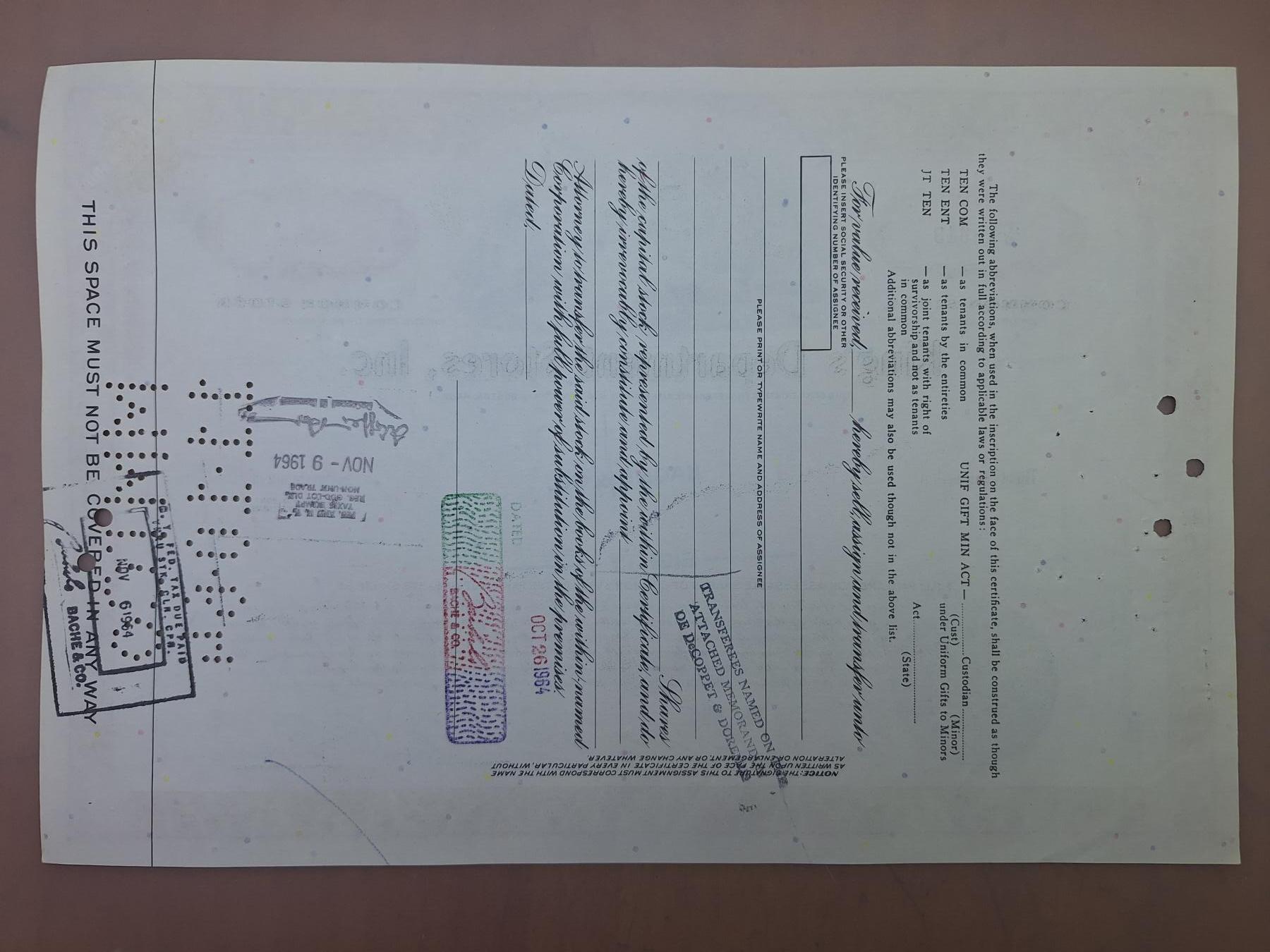 狮子猫股票债券纸品第二期 美国1964年国王百货公司（红） 号码18343