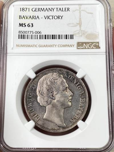 万国钱币拍卖第052期 - NGC MS63 1871年德国巴伐利亚路德维希二世普法胜利1泰勒 经典拜仁胜利女神 欧洲渐变火烧云五彩观感极佳