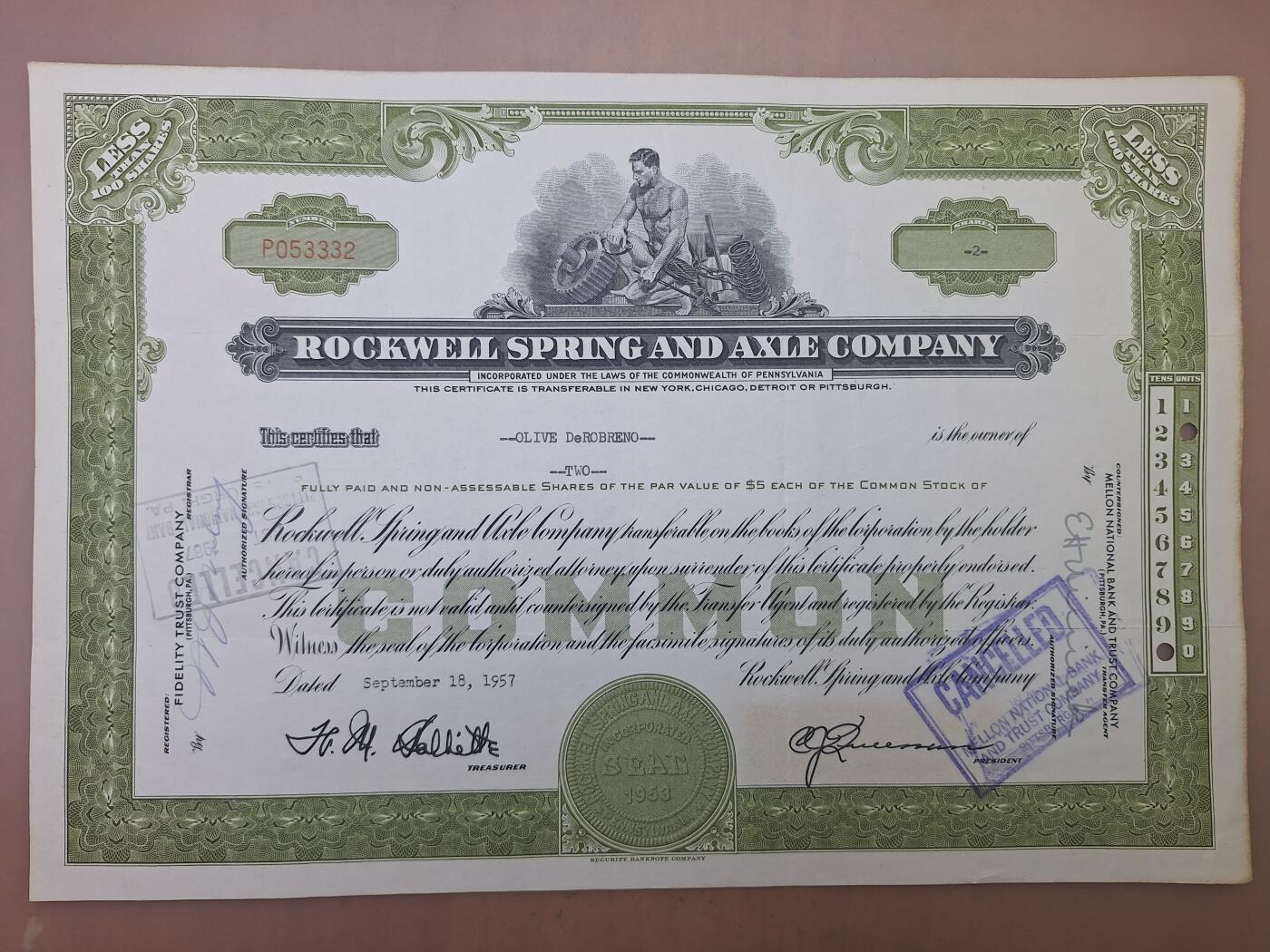狮子猫股票债券纸品第二期 美国1957年罗克韦尔弹簧和车轴公司（绿） 号码53332