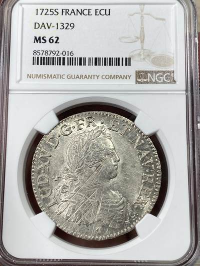 万国钱币拍卖第052期 - NGC MS62 1725年法国“宠儿路易”路易十五世1埃居大银币 铸痕清晰 光度极佳 背面无减重痕迹 NGC唯一冠军分 顶级收藏品质