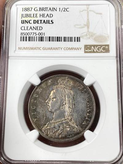 万国钱币拍卖第052期 - NGC UNCD 1887年英国维多利亚女皇高冠1/2半克朗 英式五彩炫丽包浆