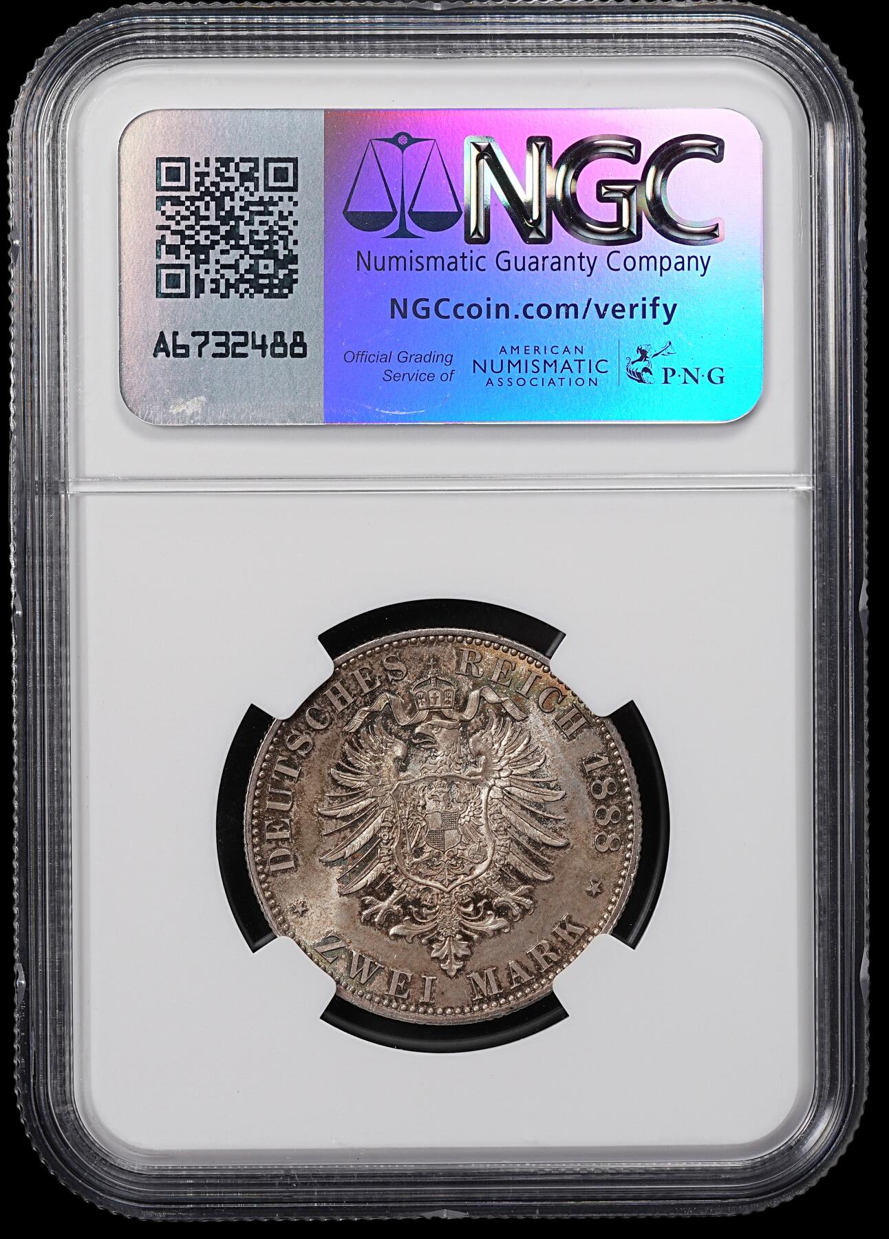 修遠堂世界钱币第八十二期 NGC MS65 1888年普鲁士腓特烈三世2马克银币 五彩