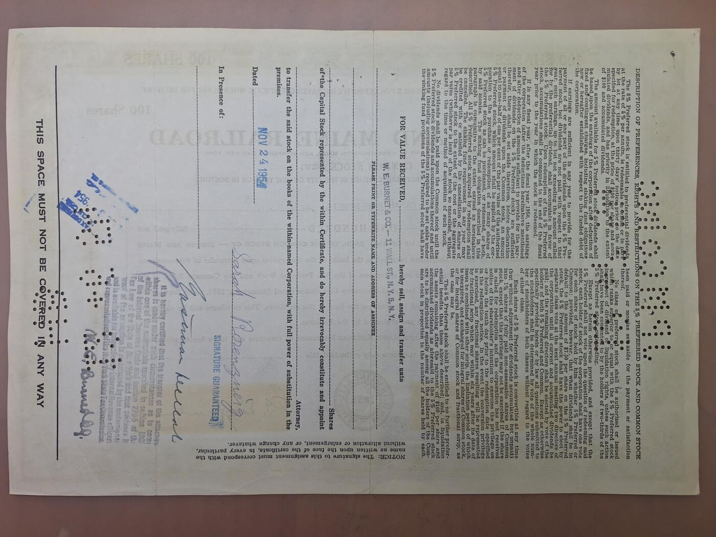 狮子猫股票债券纸品第二期 美国1953年波士顿和缅因州铁路（绿） 股票号码2367