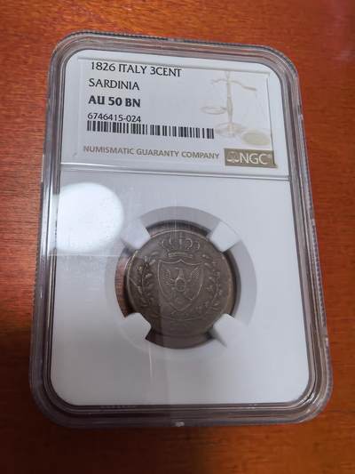 长老汇蛇年精选第四十二场拍卖 - 1826意大利萨迪纳3分铜币，NGC AU50BN，克书XF40分95美金，MS60分350美金
