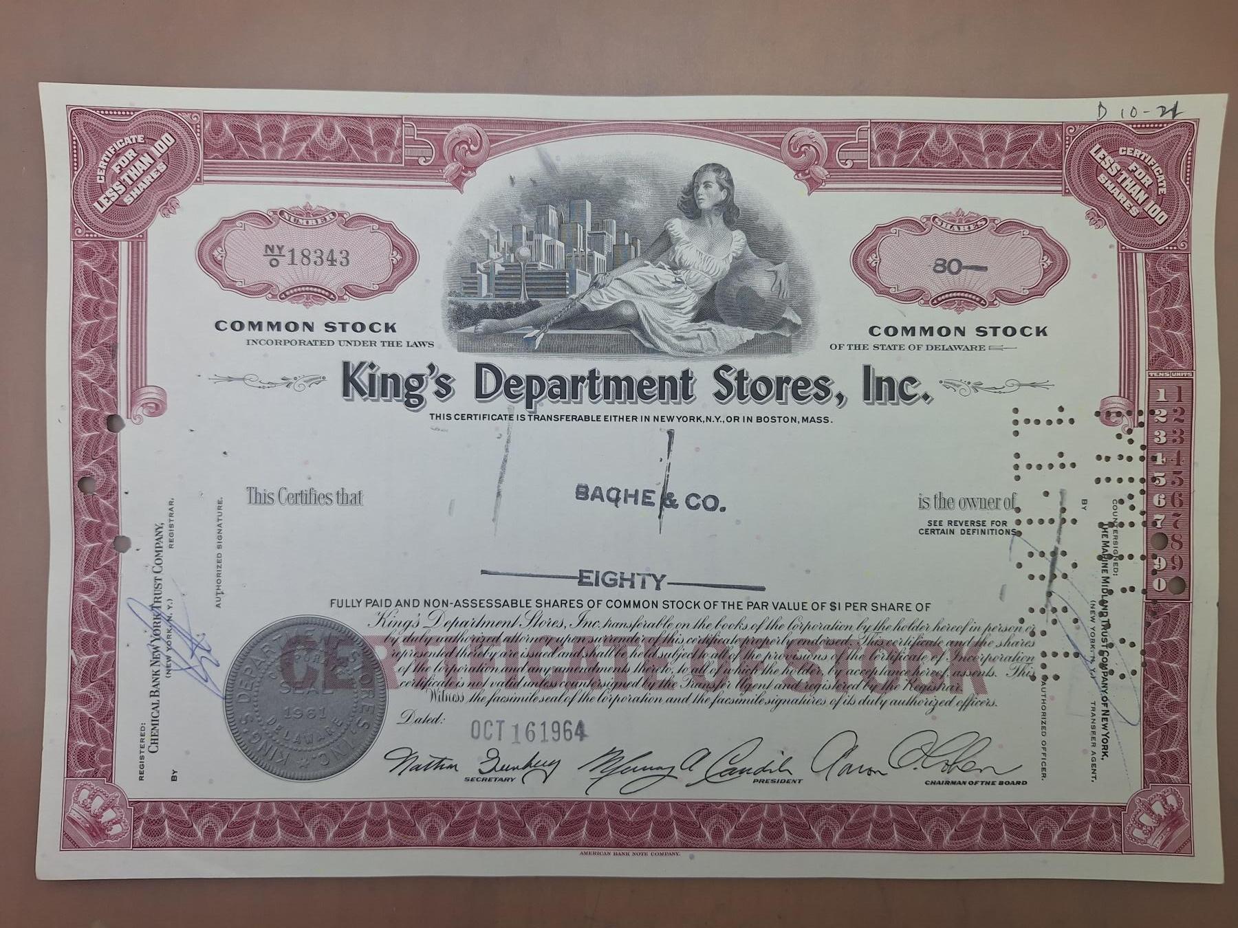 狮子猫股票债券纸品第二期 美国1964年国王百货公司（红） 号码18343
