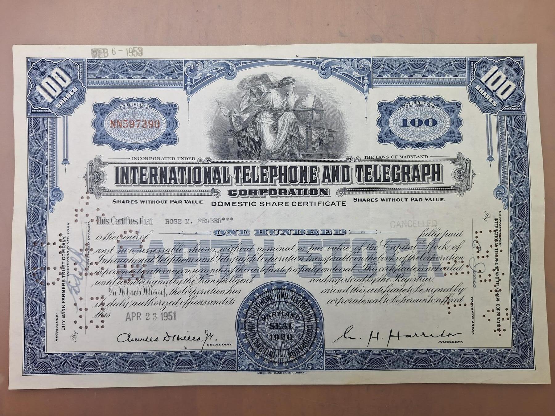 狮子猫股票债券纸品第二期 美国1951年国际电话和电报公司（蓝） 号码597390