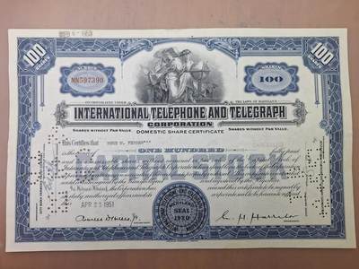狮子猫股票债券纸品第二期 - 美国1951年国际电话和电报公司（蓝） 号码597390
