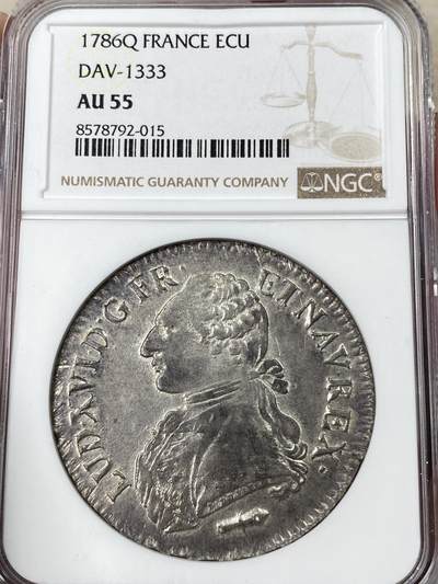 万国钱币拍卖第052期 - NGC AU55 1786年法国路易十六国王埃居大银币 Q厂佩皮尼昂造币厂铸 NGC唯一亚军分 稀少厂别 几乎无减重痕迹 非常难得