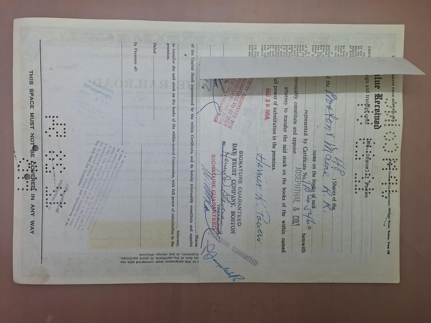 狮子猫股票债券纸品第二期 美国1954年波士顿和缅因州铁路（蓝） 股票号码5460