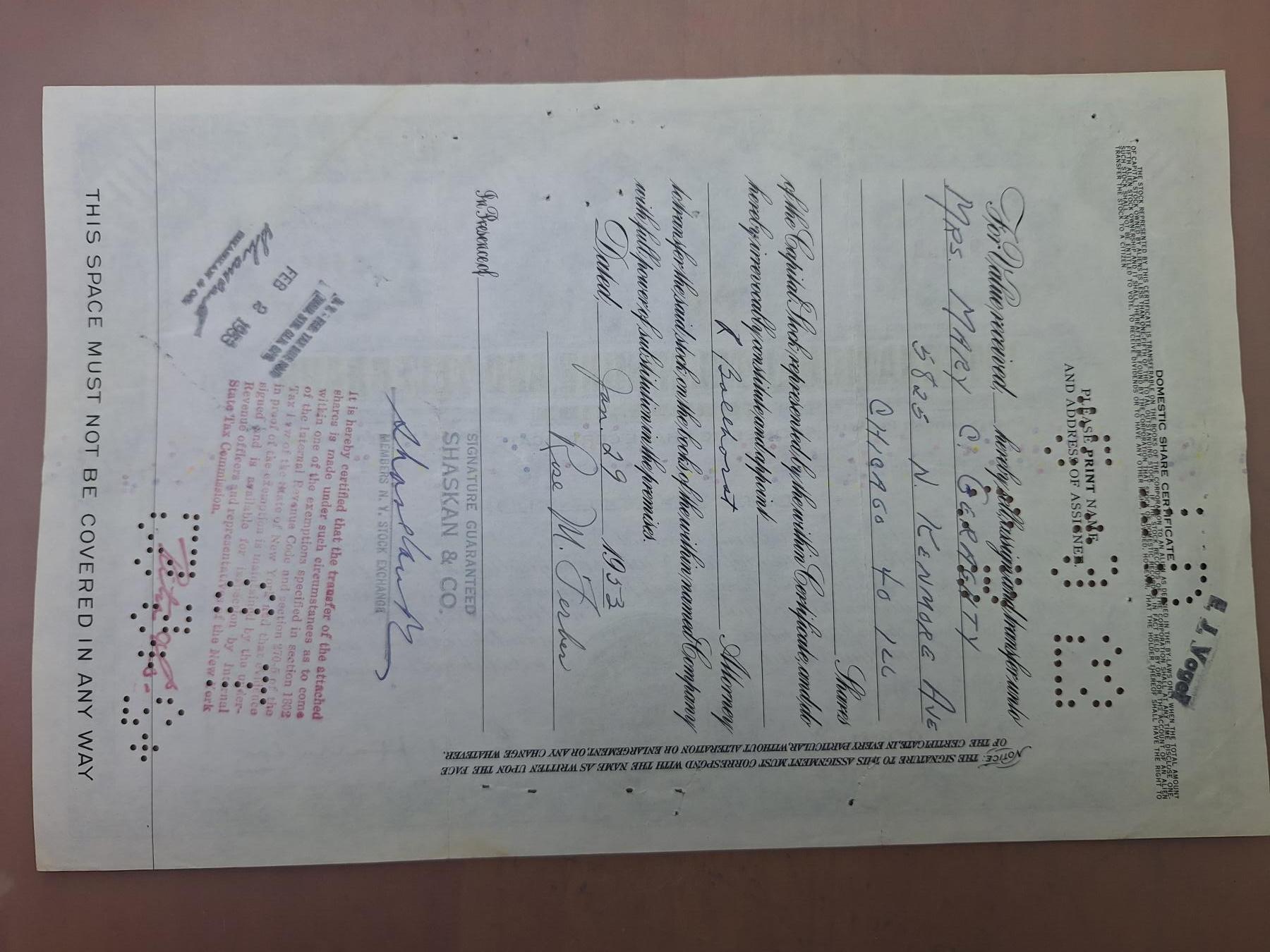 狮子猫股票债券纸品第二期 美国1951年国际电话和电报公司（蓝） 号码597390