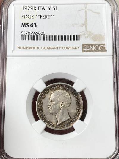 万国钱币拍卖第052期 - NGC MS63 1916年意大利埃马努埃莱三世罗马鹰5里拉 罗马式浮雕感油然而生 淡五彩收藏级状态