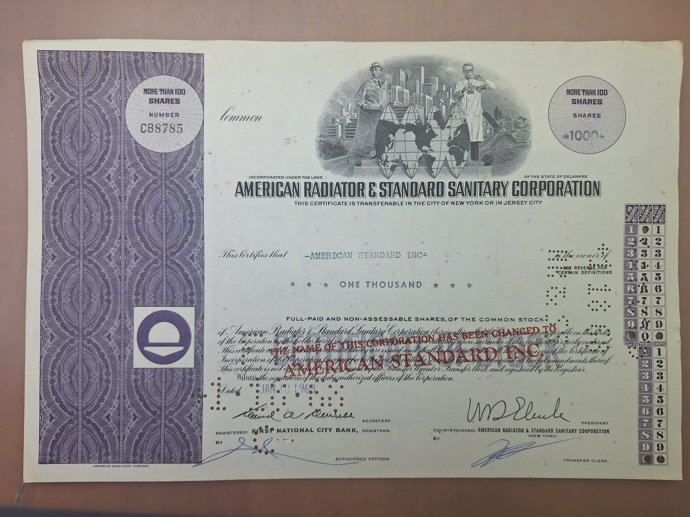 狮子猫股票债券纸品第二期 美国1968年散热器标准卫浴公司（紫） 股票号码8785