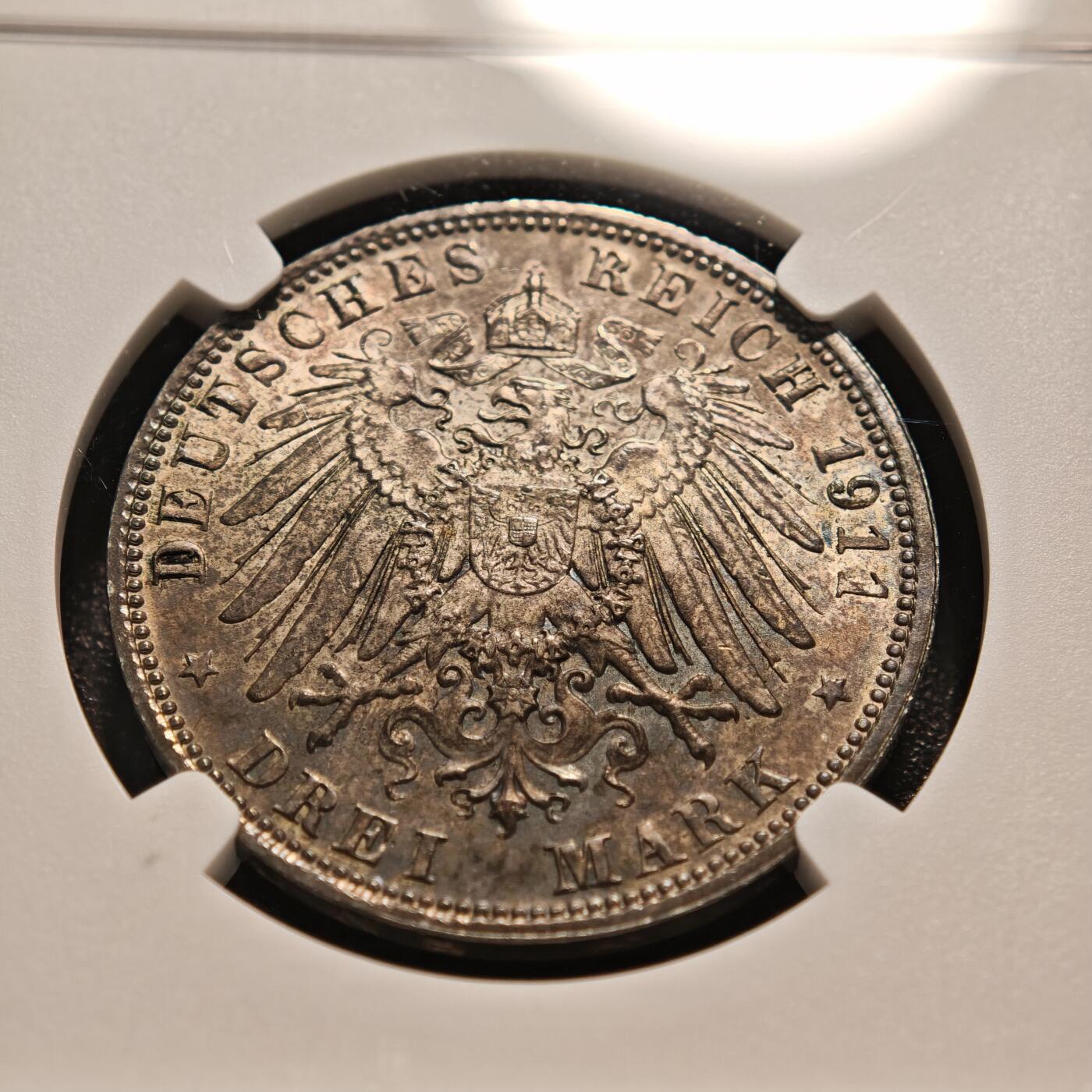 【德藏】世界币章拍卖第144期（拍品征集中~欢迎藏友联系） 1911年 德国巴伐利亚摄政王利奥波德90大寿3马克银币 NGC MS62 低评 藏家窖藏 五彩包浆