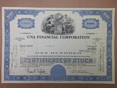狮子猫股票债券纸品第二期 - 美国1975年特拉华州CNA金融公司（蓝） 股票号码244485