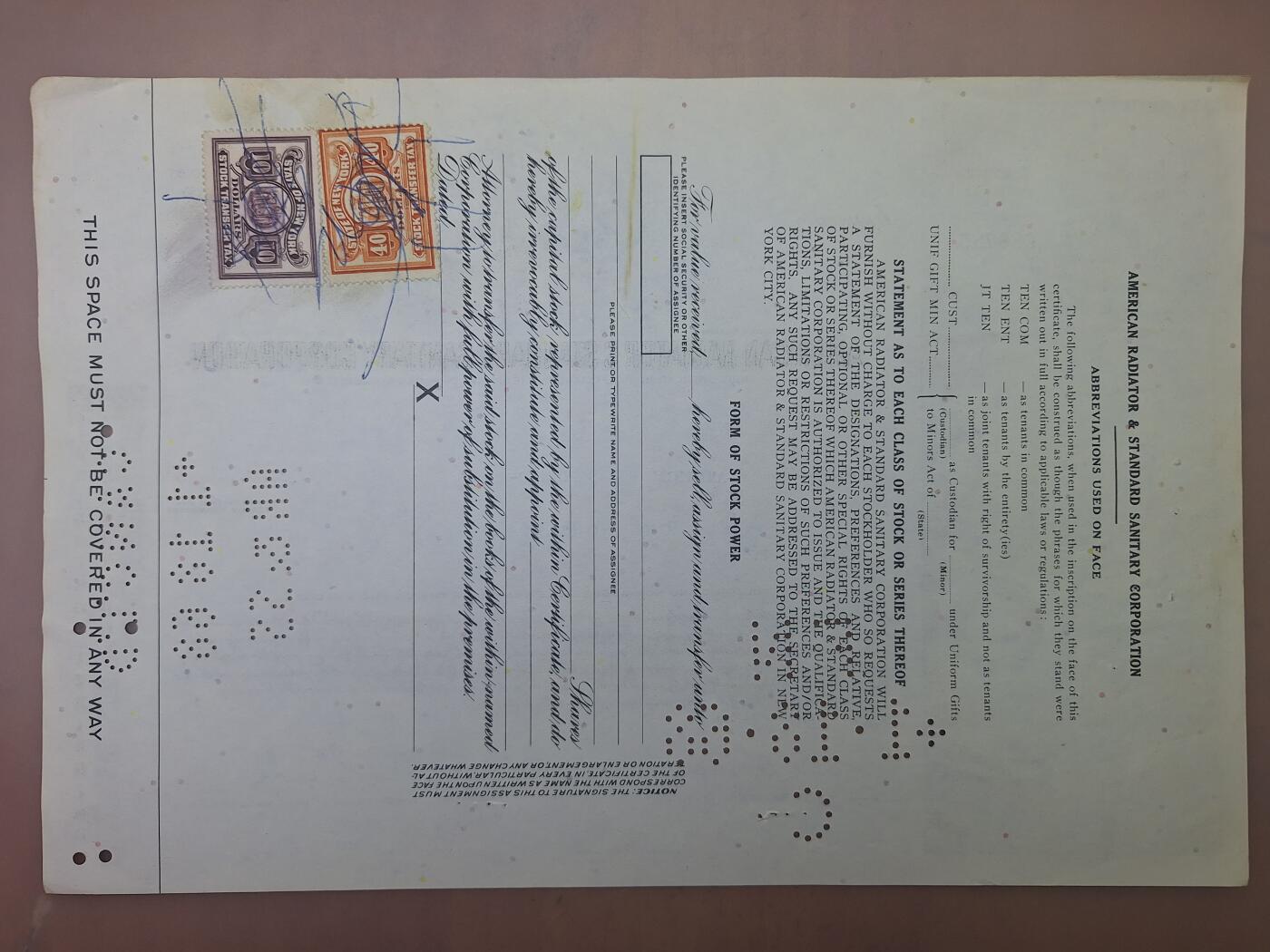 狮子猫股票债券纸品第二期 美国1968年散热器标准卫浴公司（紫） 股票号码8785