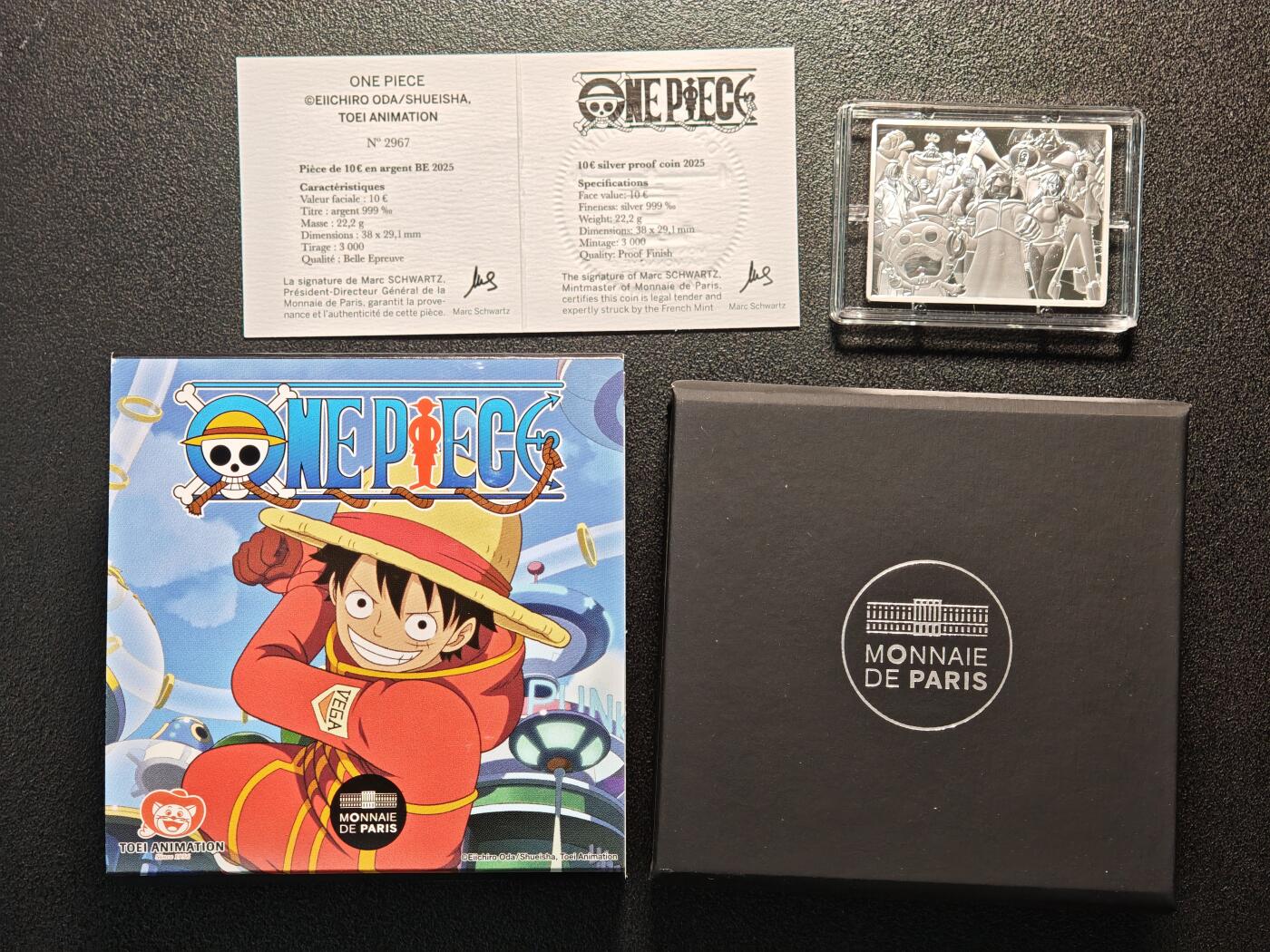 【德藏】世界币章拍卖第144期（拍品征集中~欢迎藏友联系） 2025年 法国青春系列-海贼王10欧元矩形精制纪念银币 原盒 原证书 38mm*29mm 22.2g 999银