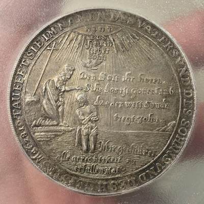 万国钱币拍卖第052期 - PCGS AU55 1680年德国哈茨宗教洗礼大泰勒 全深打德系名品 原味酱彩 PC唯一冠军 21年ha拍卖原物 成交价1080美金（盒子内部有裂）