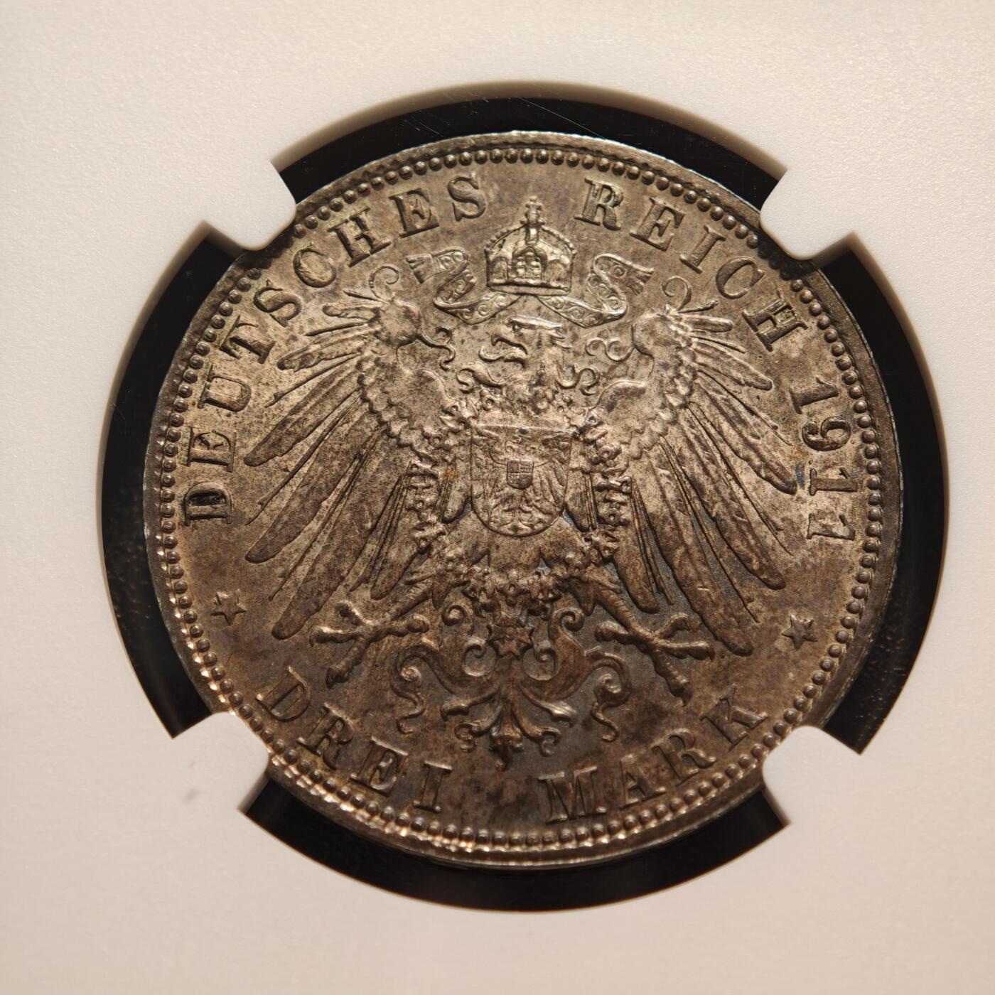 【德藏】世界币章拍卖第144期（拍品征集中~欢迎藏友联系） 1911年 德国巴伐利亚摄政王利奥波德90大寿3马克银币 NGC MS62 低评 藏家窖藏 五彩包浆