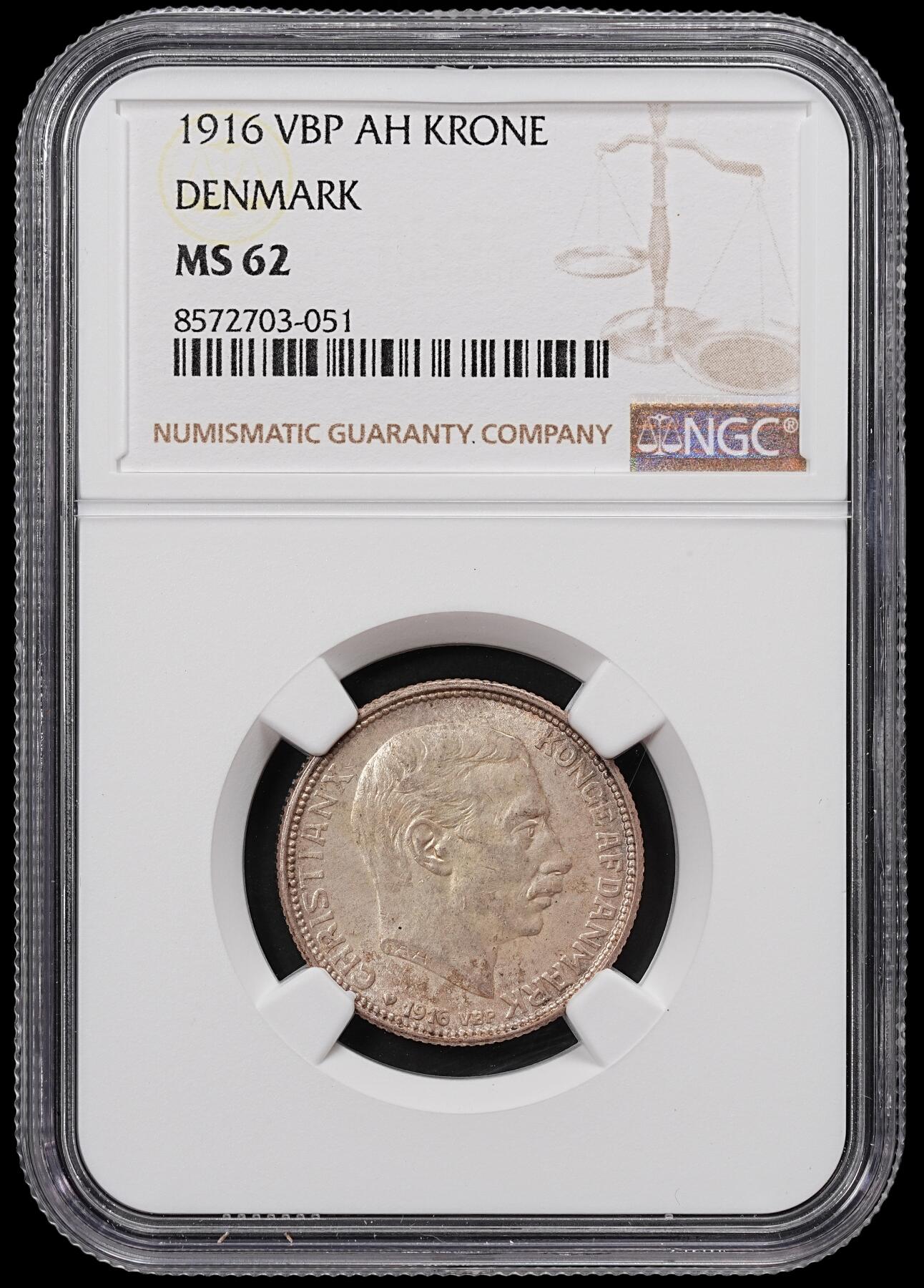 修遠堂世界钱币第八十二期 NGC MS62 1916年丹麦海豚1克朗银币