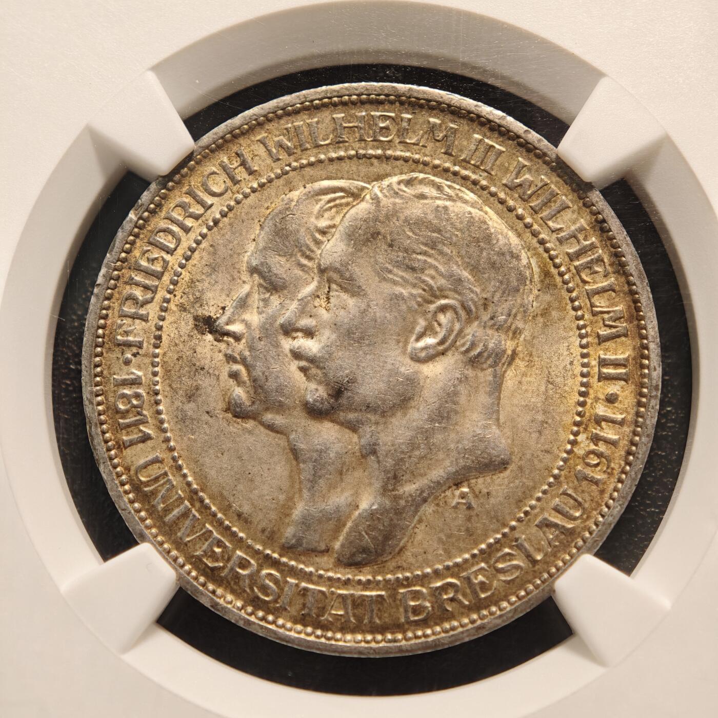 【德藏】世界币章拍卖第144期（拍品征集中~欢迎藏友联系） 1911年 德国普鲁士布雷斯劳大学3马克银币 NGC MS62 黄油包浆 状态极佳