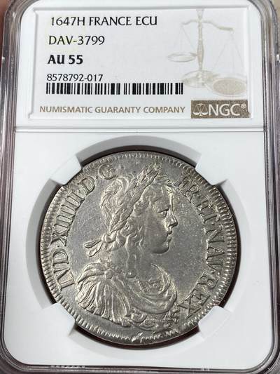 万国钱币拍卖第052期 - NGC AU55 1647年法国太阳王路易十四1埃居大银币 红桃H拉罗谢尔造币厂铸 罕见全深打几乎无减重痕难得 收藏级状态