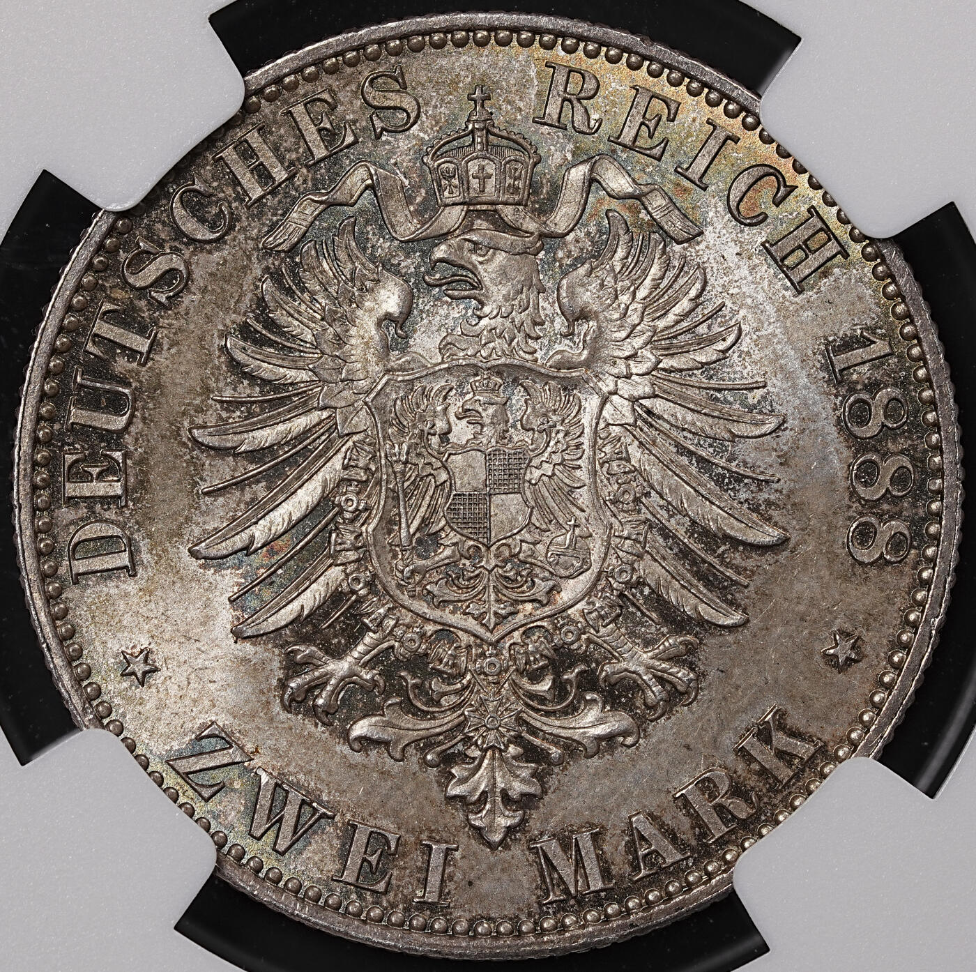 修遠堂世界钱币第八十二期 NGC MS65 1888年普鲁士腓特烈三世2马克银币 五彩