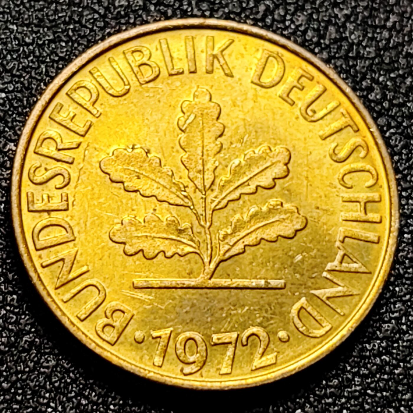 泉币菌-第101场-精品福利场 原铜光UNC品相 联邦德国1972年 10芬尼硬币 橡树麦穗  银行版 21.5mm