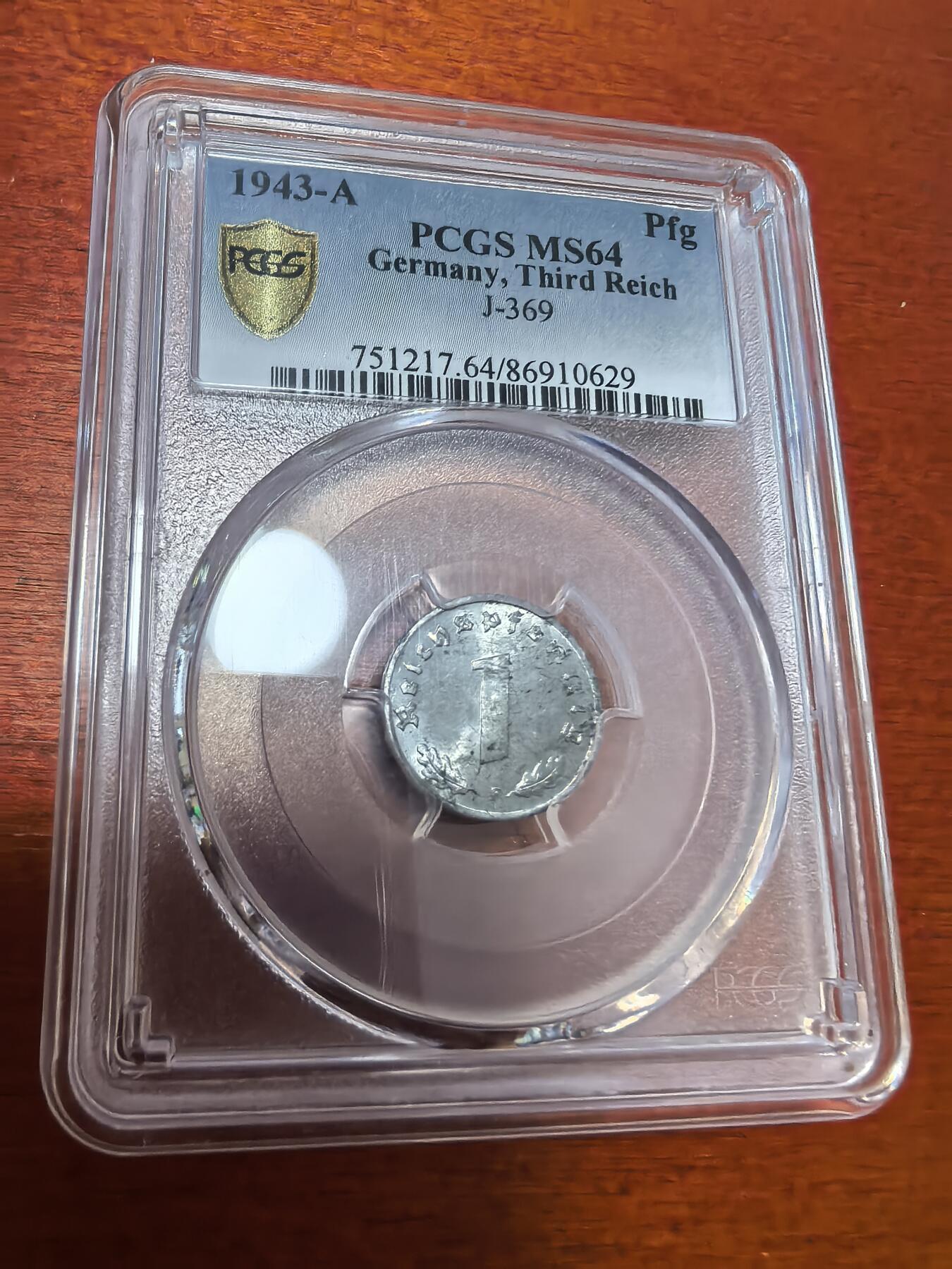 长老汇蛇年精选第四十二场拍卖 1943德国第三帝国1芬尼锌币，PCGS MS64，更高1枚