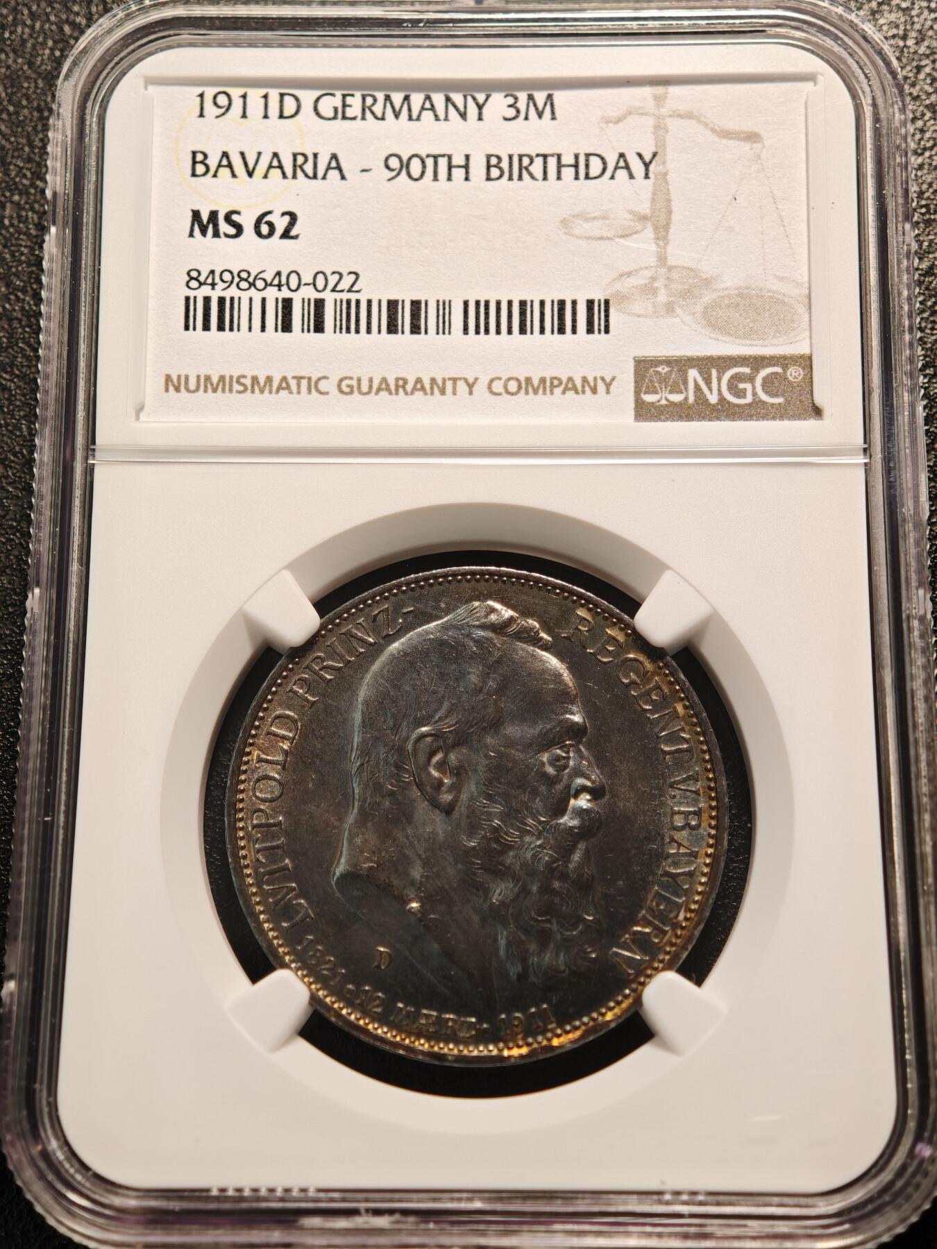 【德藏】世界币章拍卖第144期（拍品征集中~欢迎藏友联系） 1911年 德国巴伐利亚摄政王利奥波德90大寿3马克银币 NGC MS62 低评 藏家窖藏 五彩包浆