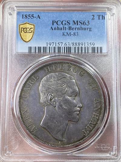 万国钱币拍卖第052期 - PCGS MS63 1855年安哈尔特-贝恩堡疯王卡尔纹章流通2泰勒 大名鼎鼎的安哈尔特三杰之一  巴腾贝格目录中的第一枚2泰勒 1855发行量仅仅5000枚 双面均匀欧陆酱彩 高分极难的品种 PC冠军分 顶级2泰勒藏品
