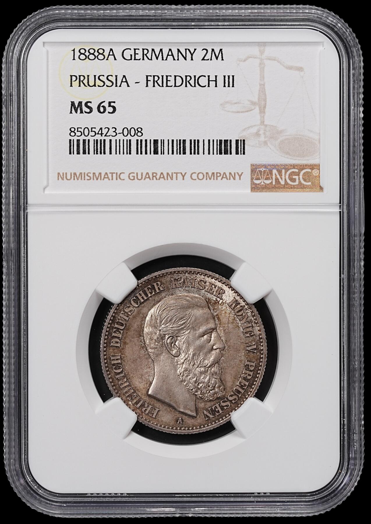 修遠堂世界钱币第八十二期 NGC MS65 1888年普鲁士腓特烈三世2马克银币 五彩