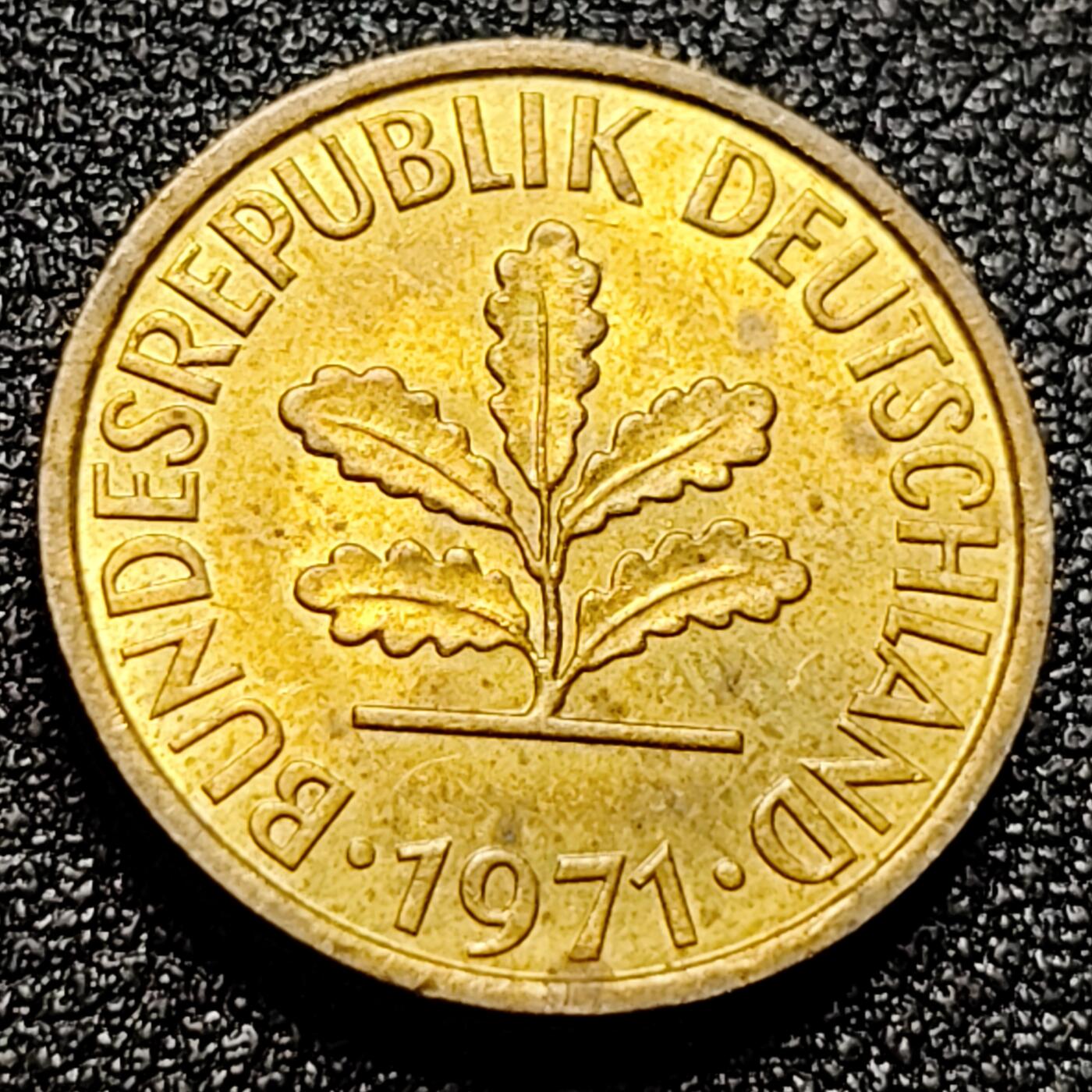 泉币菌-第101场-精品福利场 原铜光UNC品相 联邦德国1971年 5芬尼硬币 橡树麦穗  银行版 