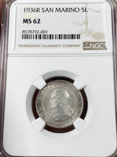 万国钱币拍卖第052期 - NGC MS62 1936年圣马力诺女神5里拉银币 淡彩欧洲包浆